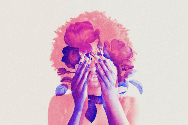 Woman in double color exposure remixed media